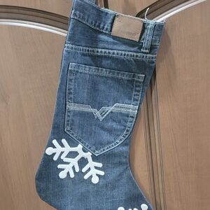 Denim Holiday Stocking with Snowflake Design